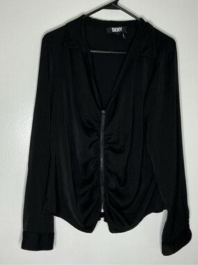 DKNY Black Ruched Zip-Front Button-Down Shirt